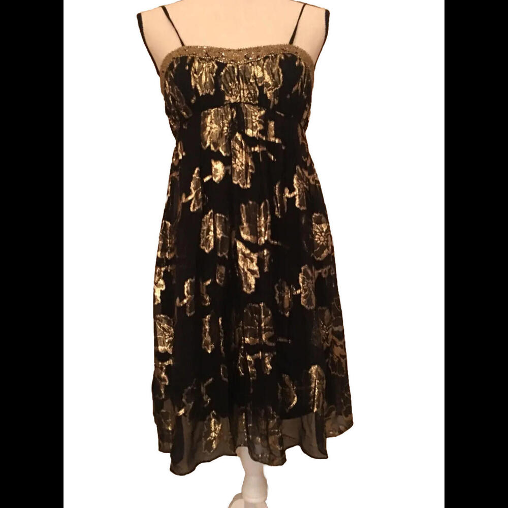 👗⚫️🩶Cache Size 4 Black with Gold Floral Dress Beaded Neckline Strapless Formal